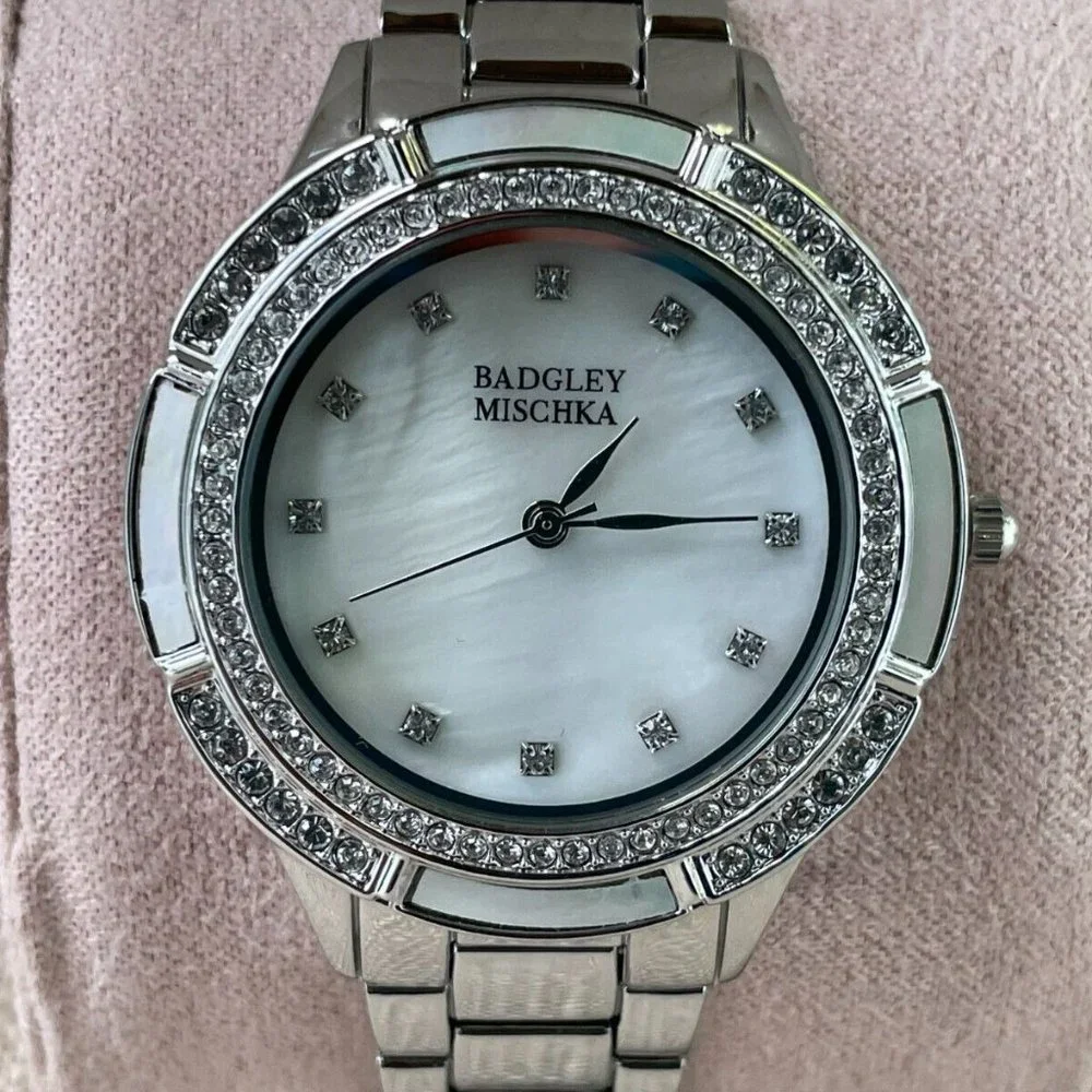 Badgley Mischka Ladies Watch Silver Tone Crystals Accent Analog Quartz Watch Box - Picture 3 of 12